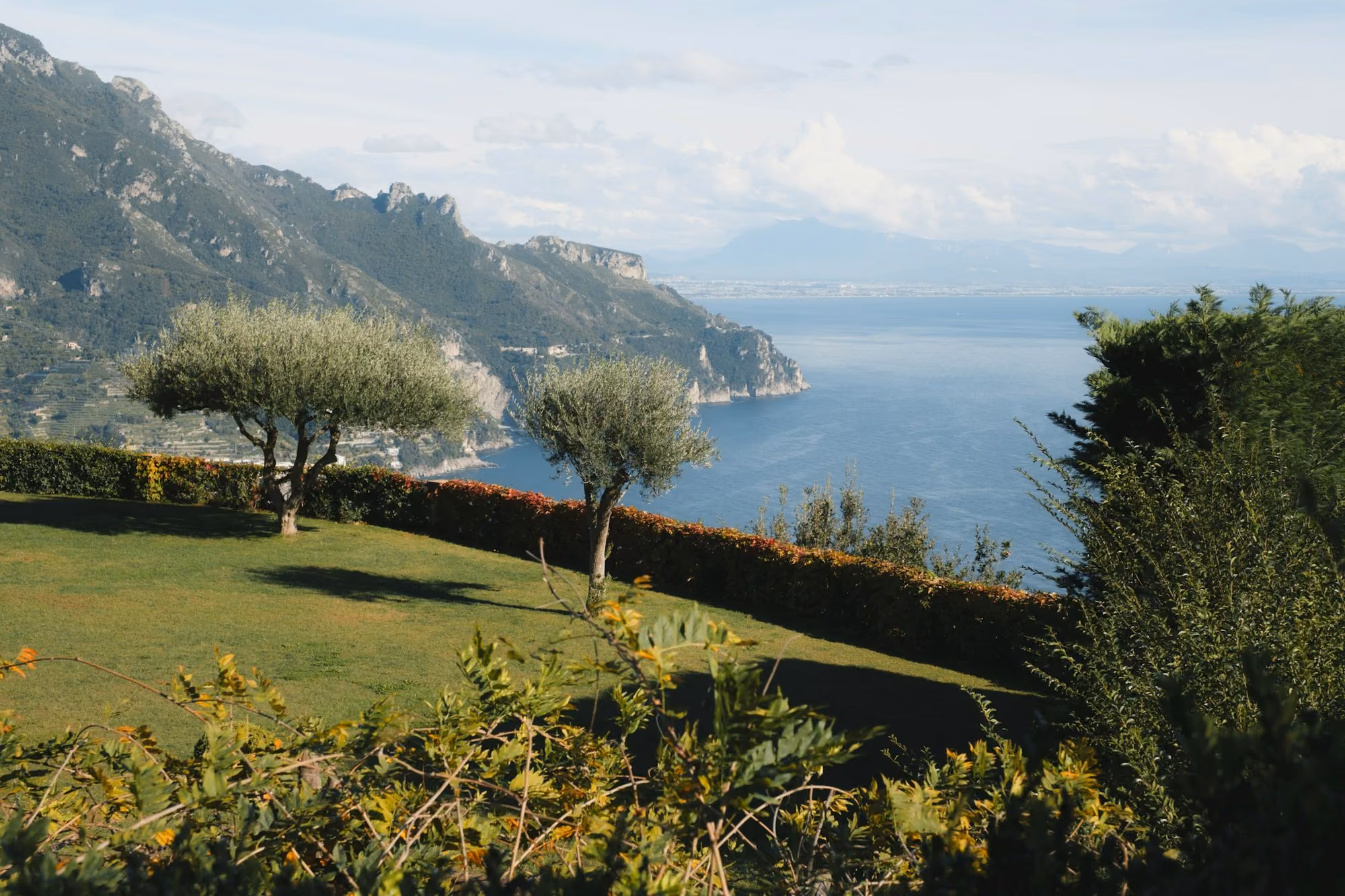 Near Palazzo Avino: A lush green hillside next to a body of water