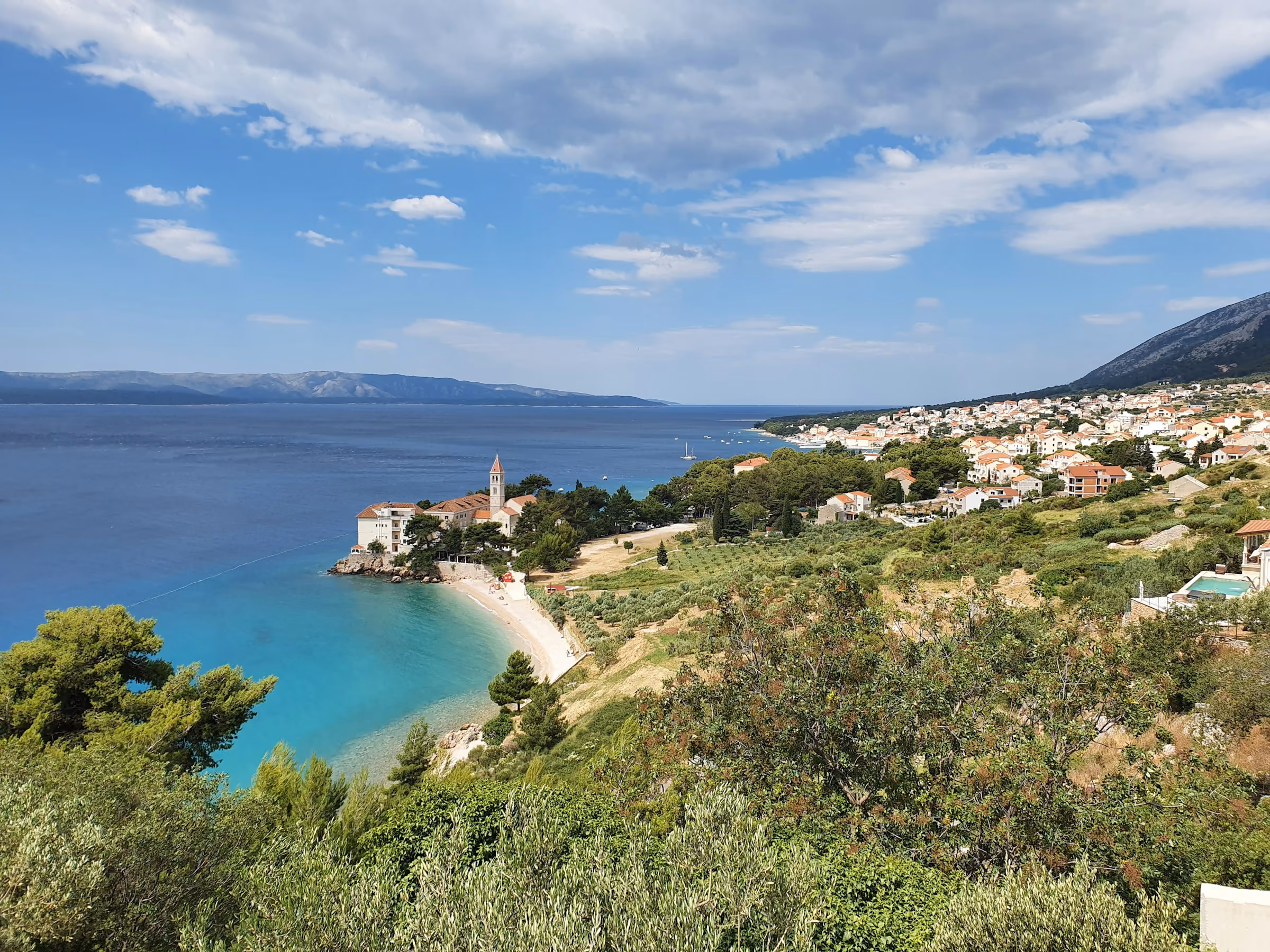 The town of Bol on Brač, with a monastery and a beach on the shore