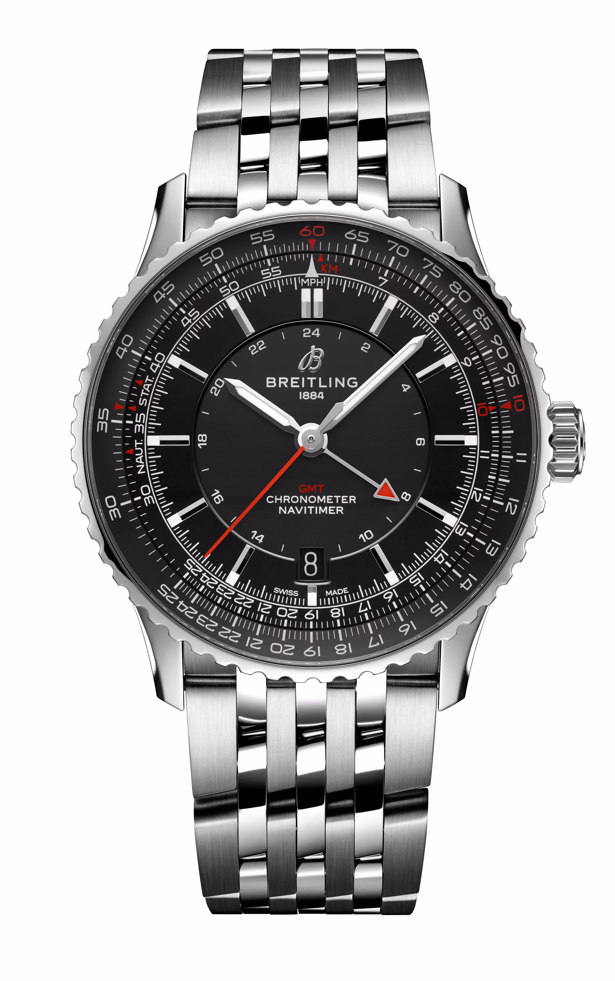 The Breitling Navitimer Automatic GMT 41 with a black dial, red-tipped 24-hour hand and steel bracelet