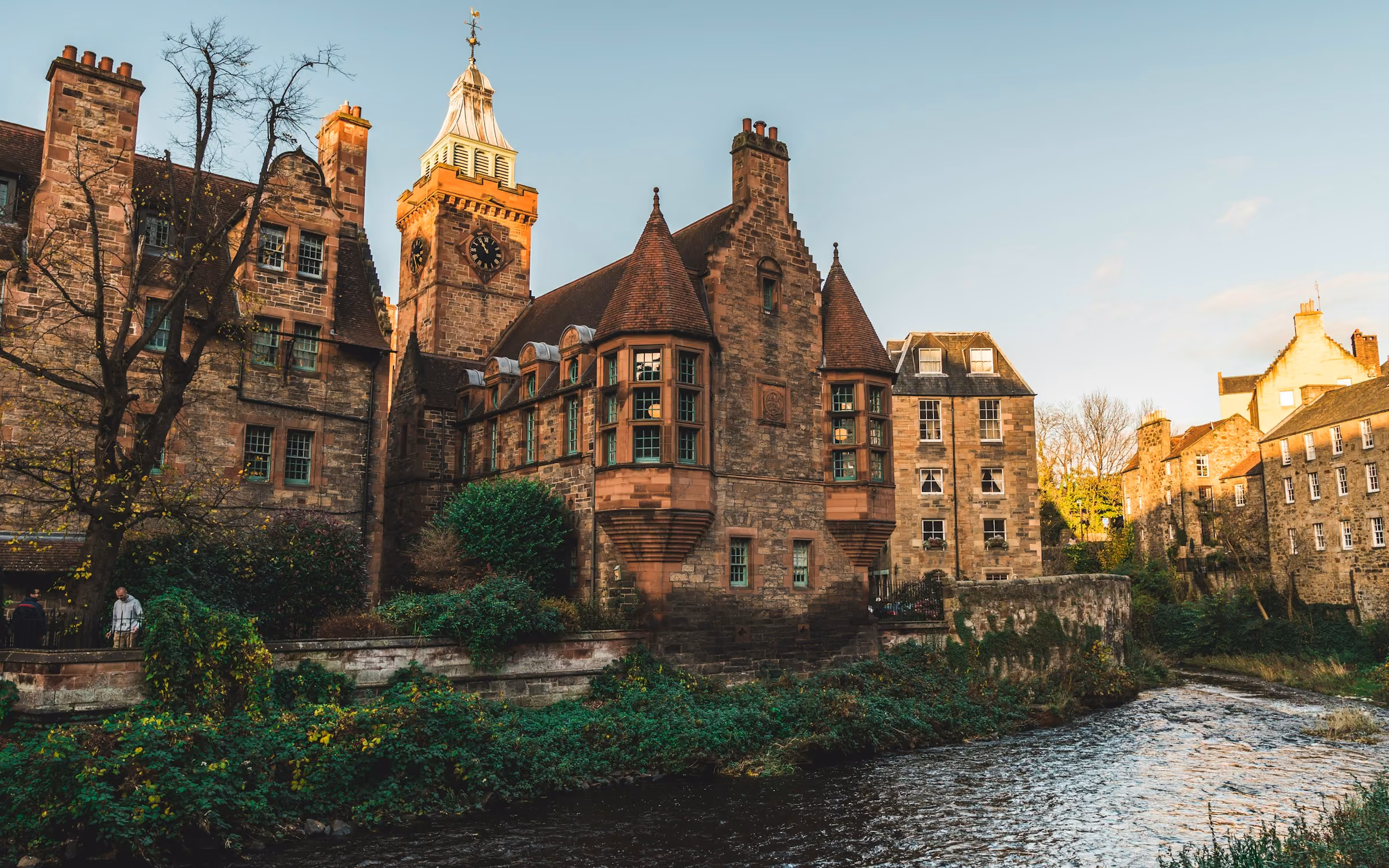 Dean Village in Edinburgh, old mill houses above the Water of Leith