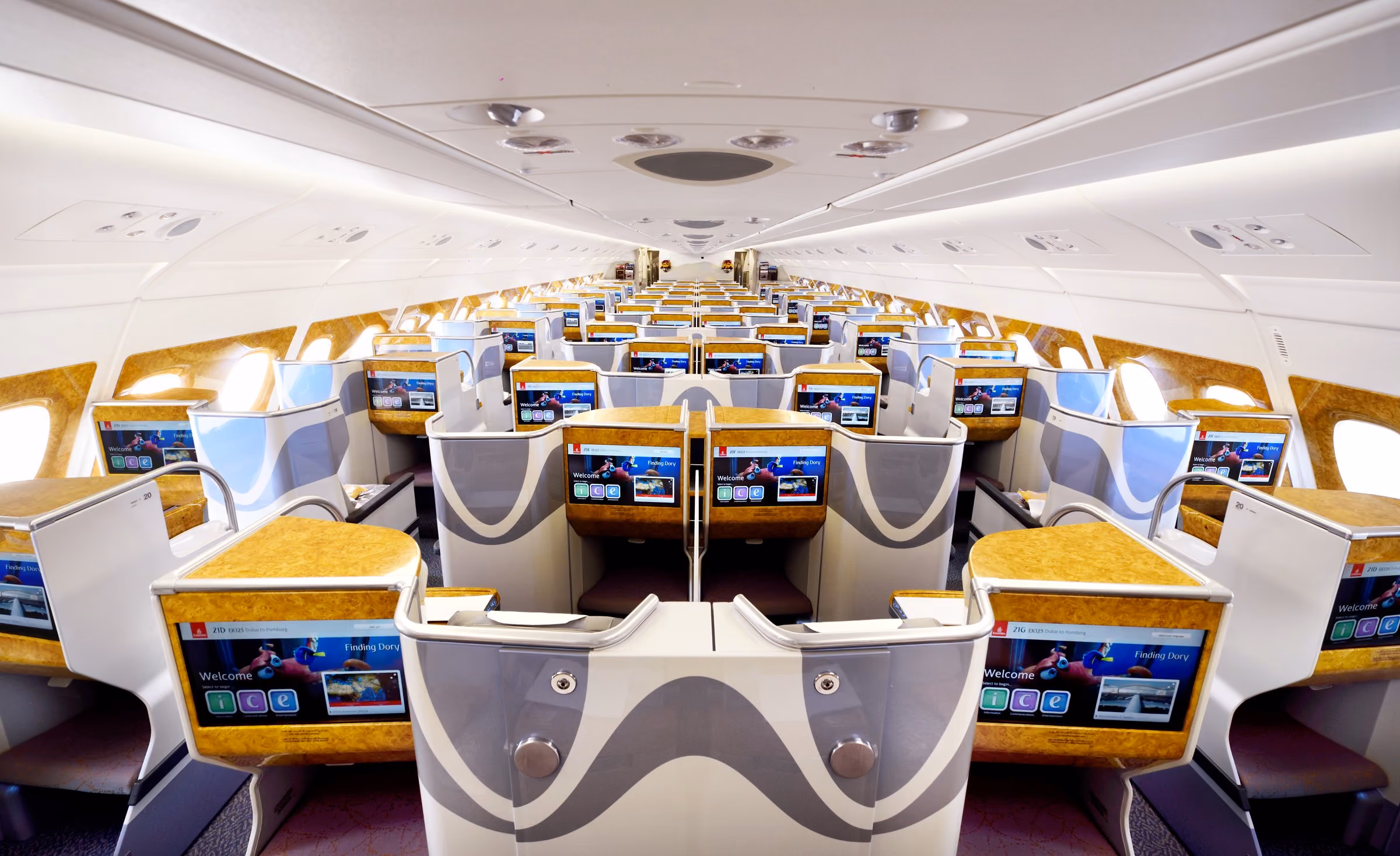 The Emirates A380 business class cabin on the upper deck, seats laid out 1-2-1