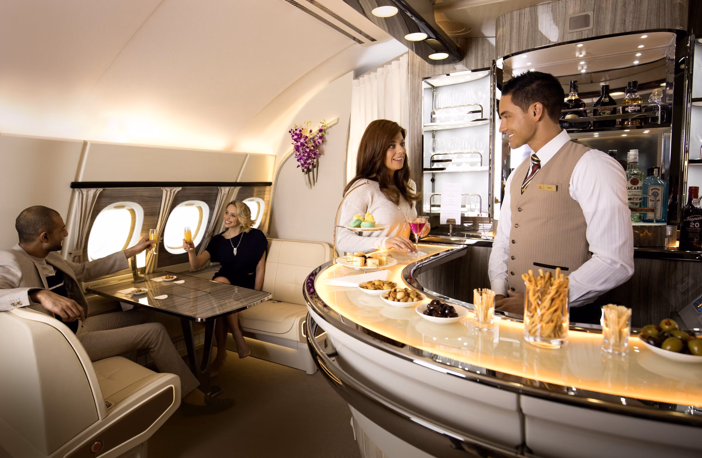 The seating beside the bar, in the Onboard Lounge on the Emirates A380 upper deck