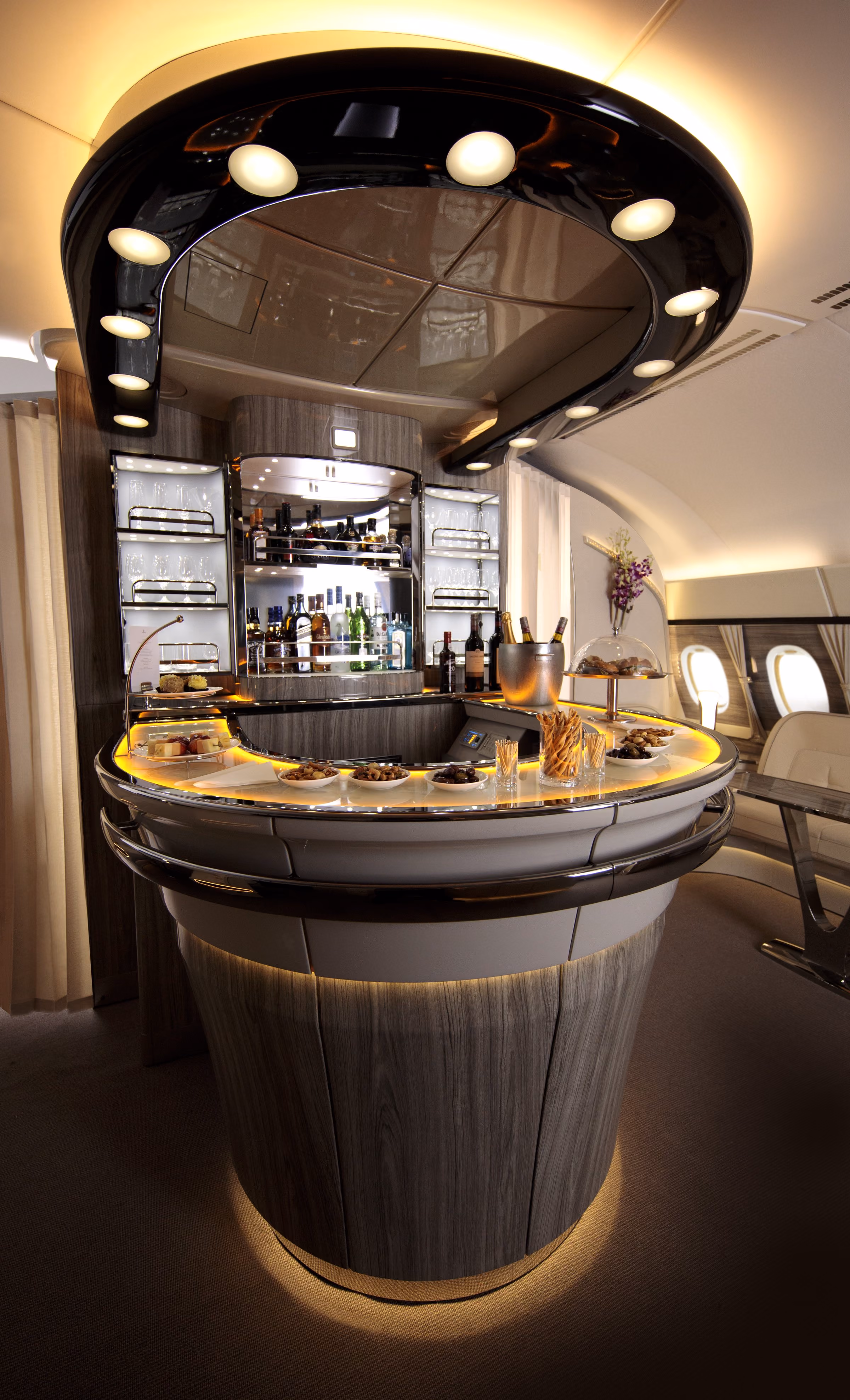 The bar, before it fills up, in the Onboard Lounge on the Emirates A380 upper deck