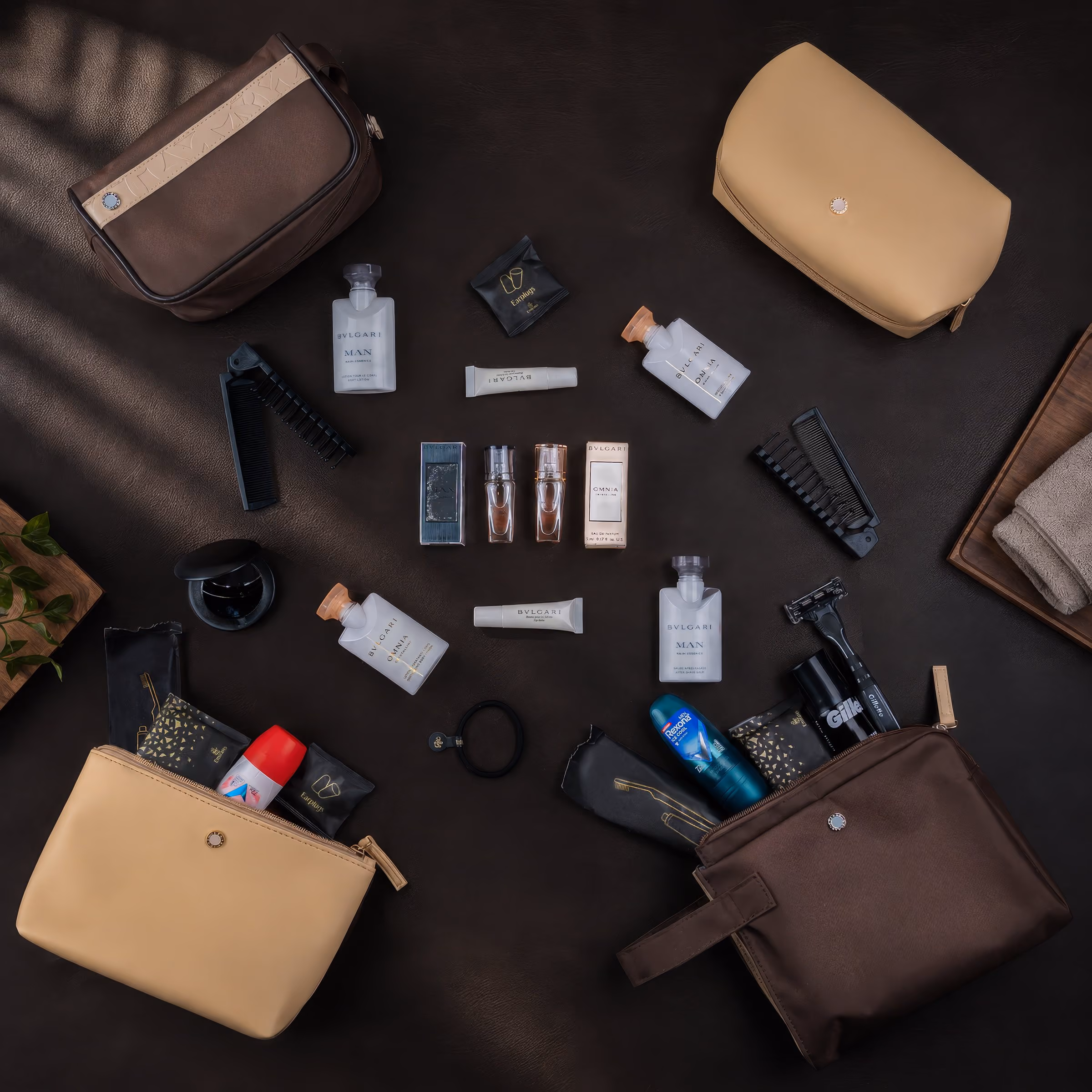 Bulgari amenity kits, laid out, from Emirates business class