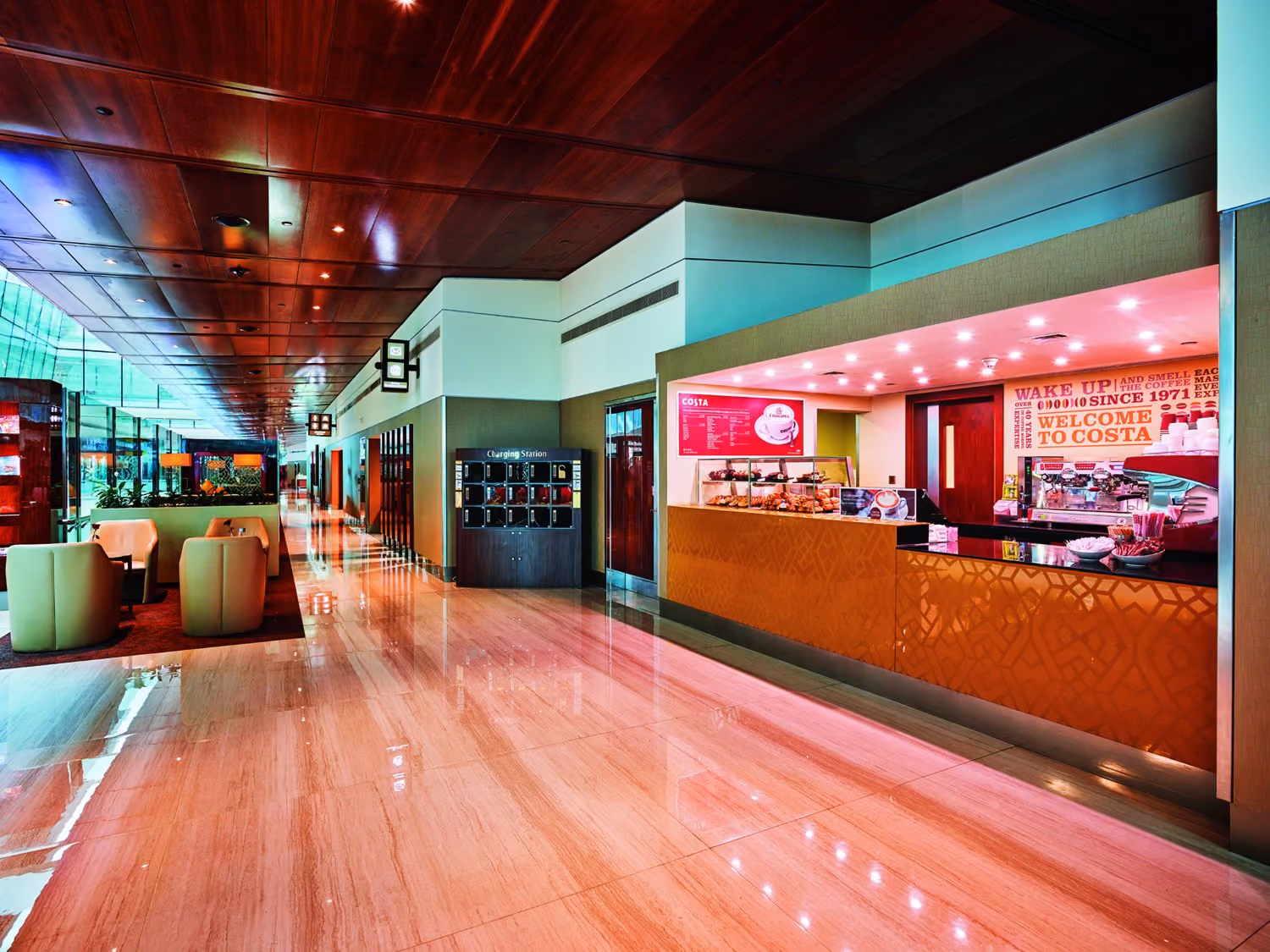 The barista bar, in the Emirates business class lounge at Dubai International