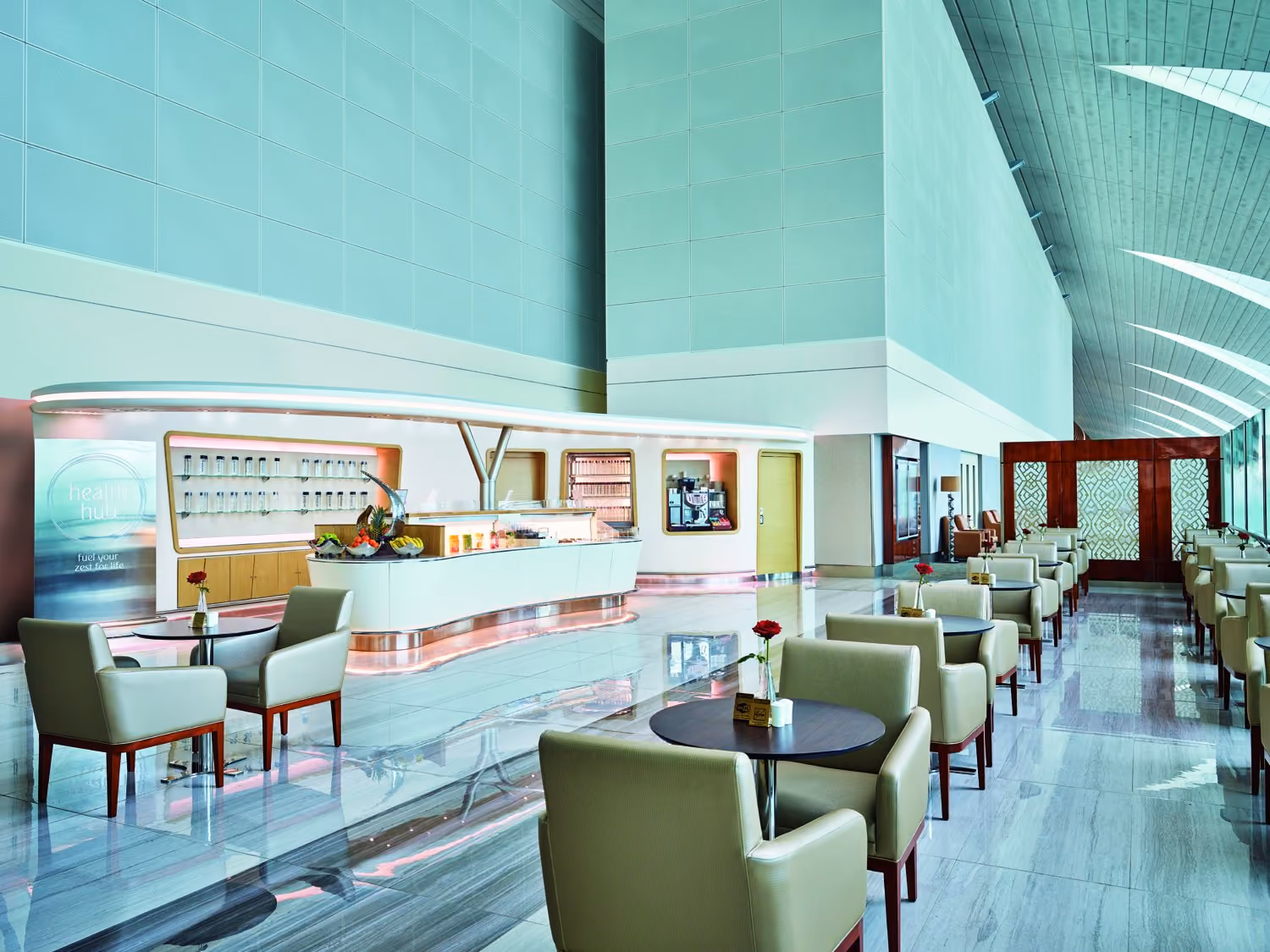 The health and wellness area, in the Emirates business class lounge at Dubai International