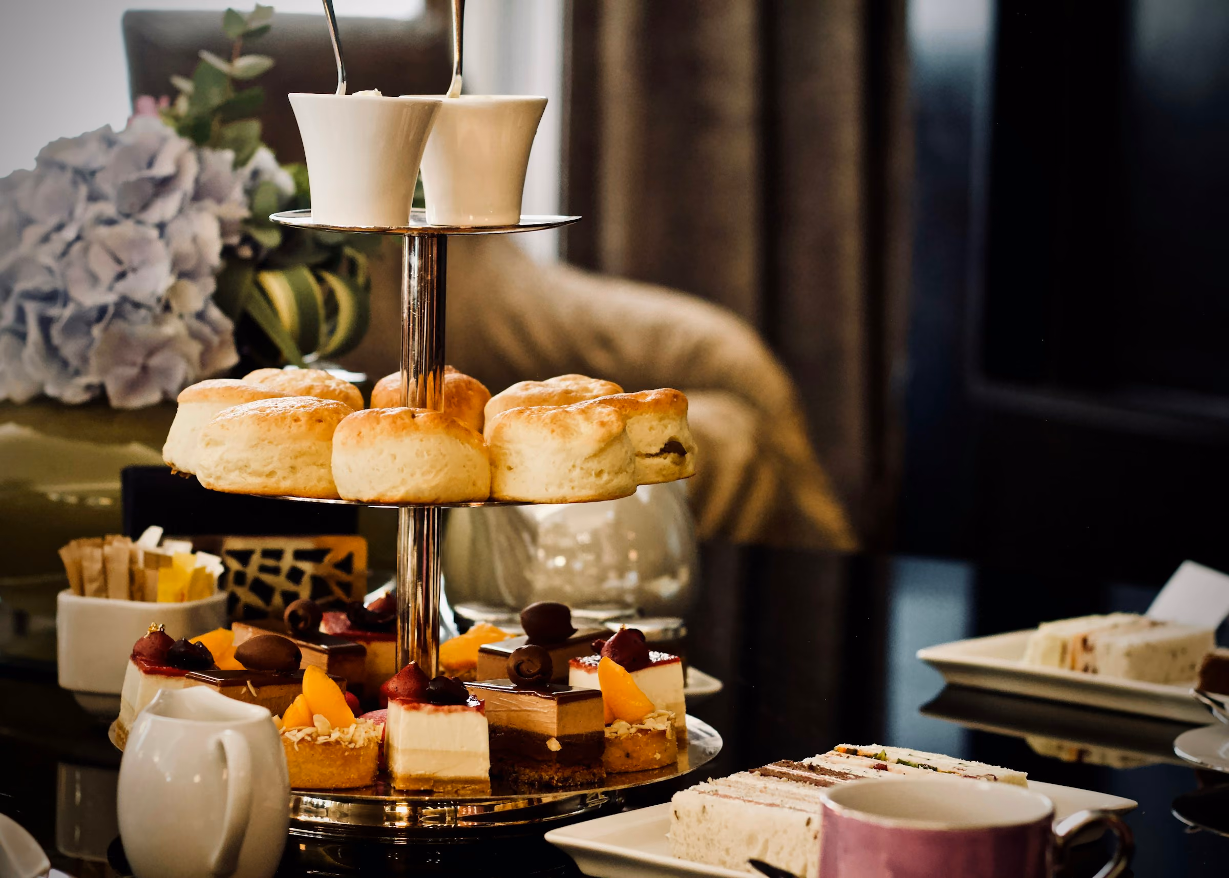 Afternoon tea on a stand, the kind of thing the hotel credit pays for