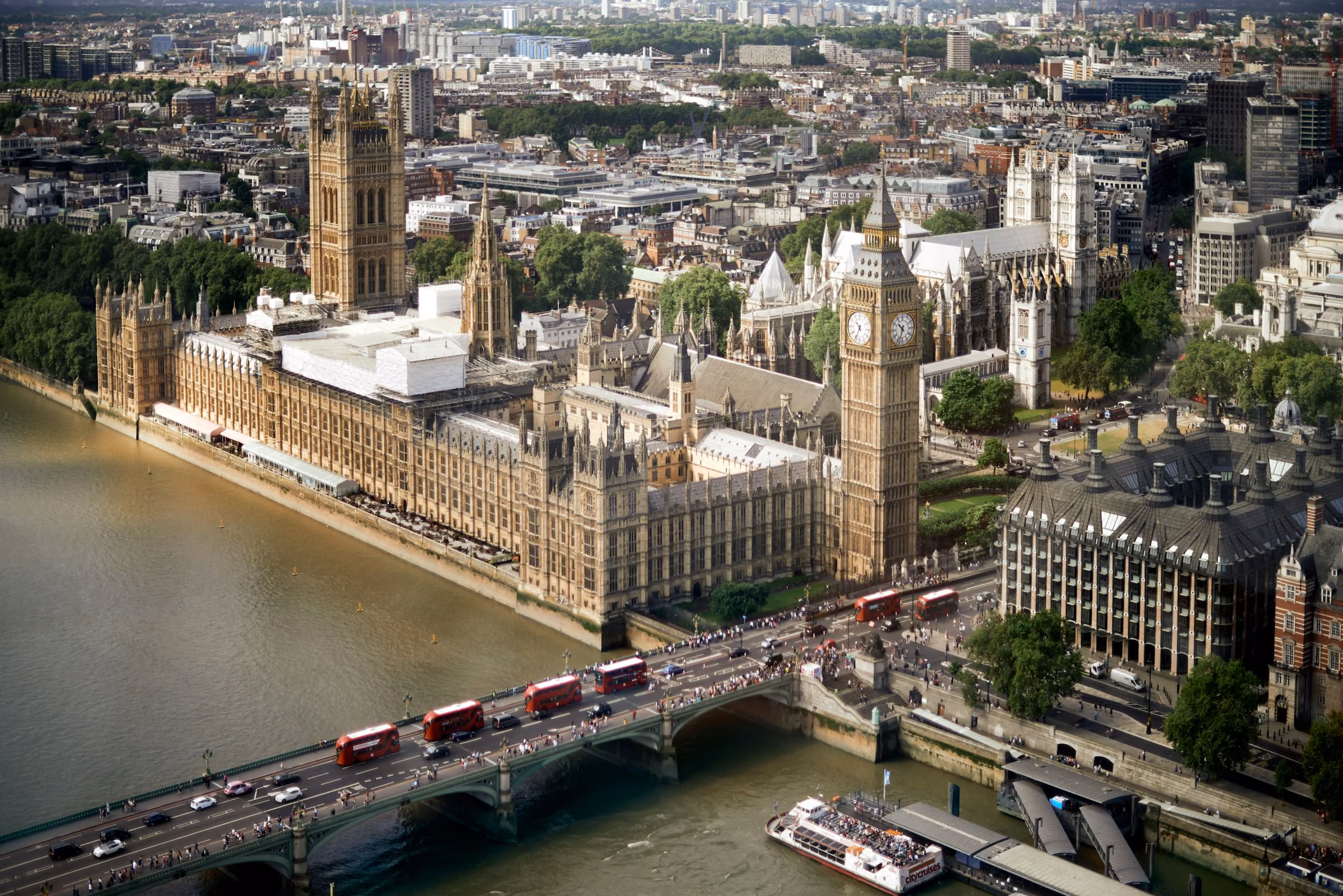 The Houses of Parliament and Westminster Bridge from the air