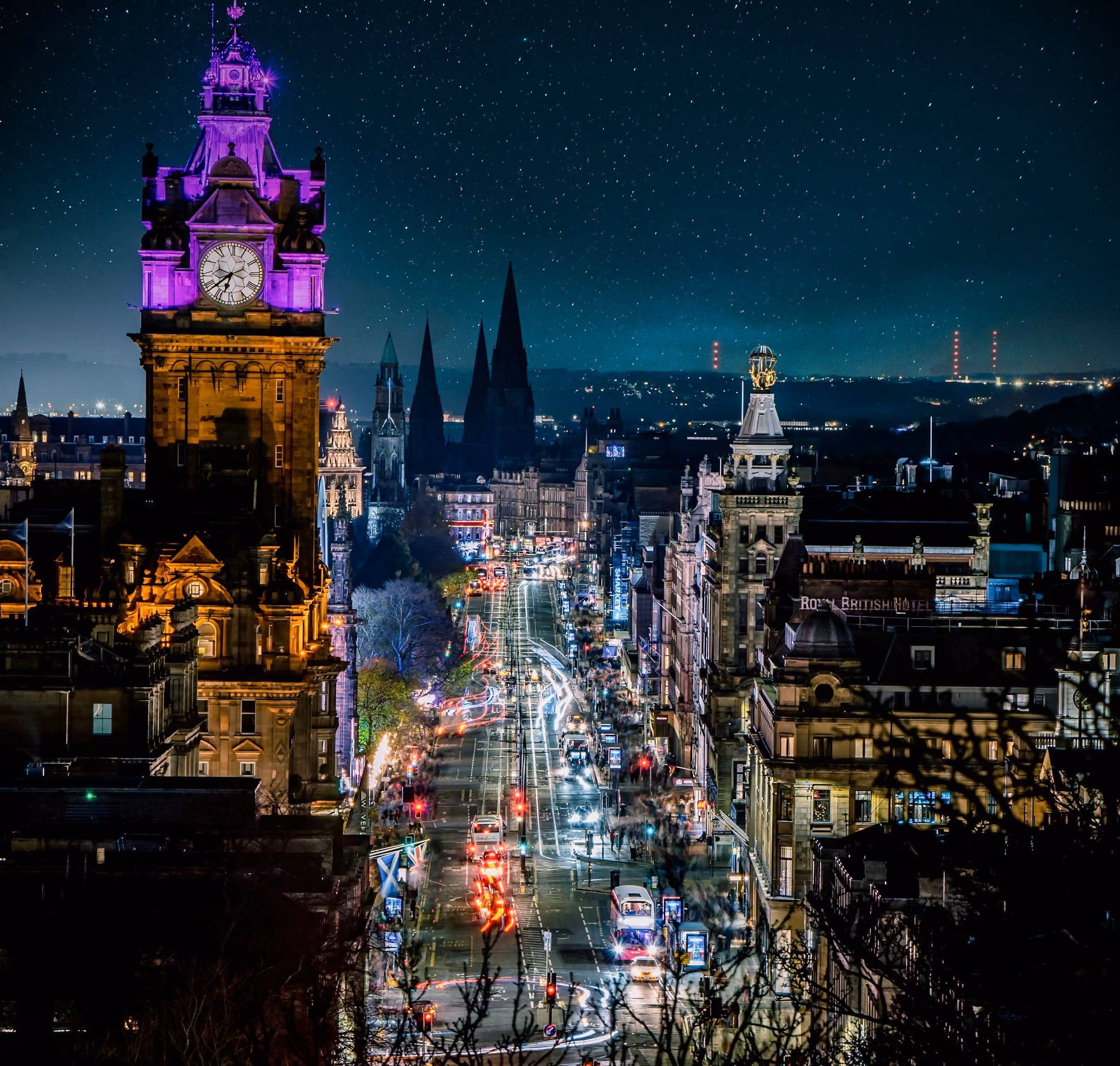 Princes Street and the Balmoral clock tower at night