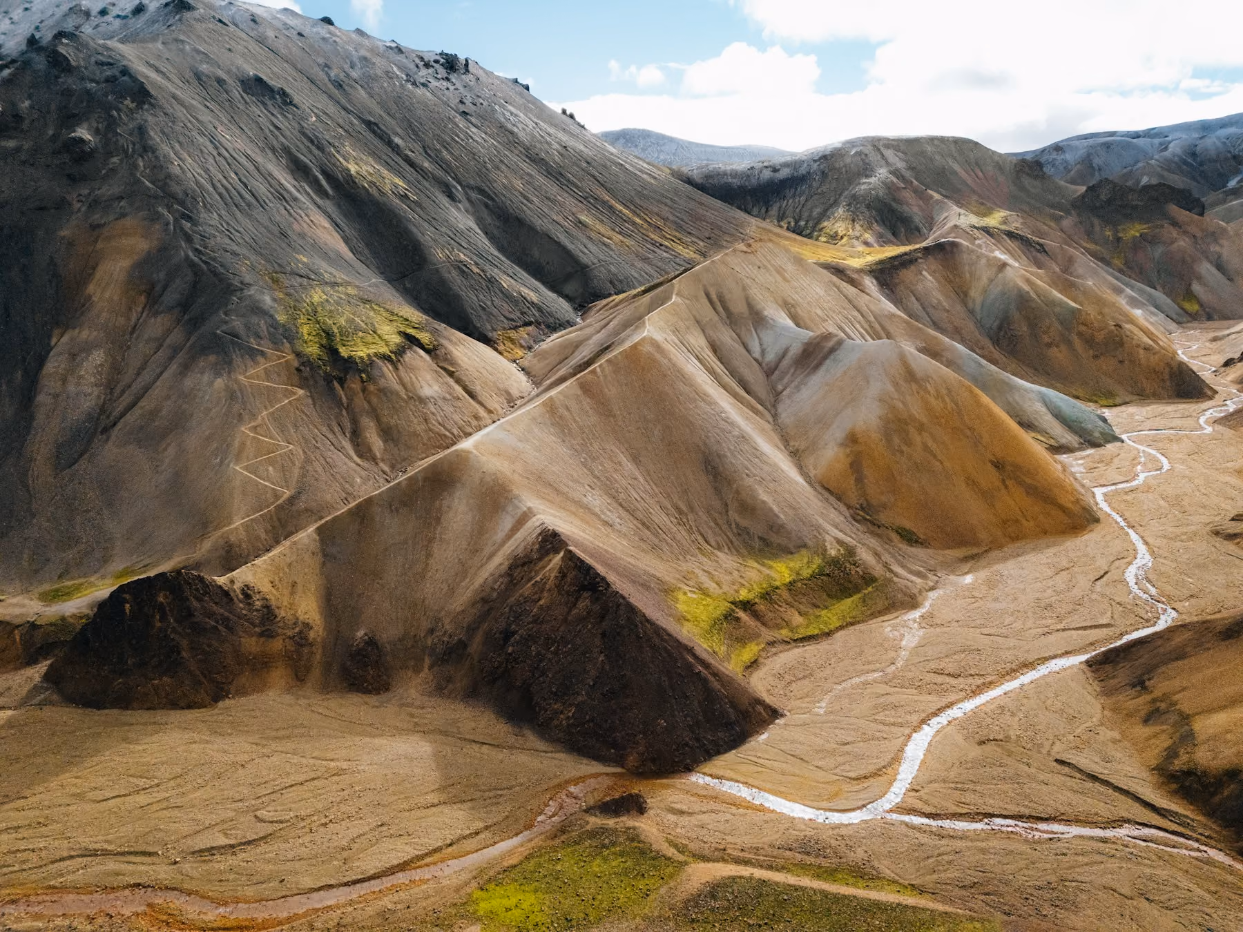 Aerial view of the rhyolite mountains and braided river at Landmannalaugar