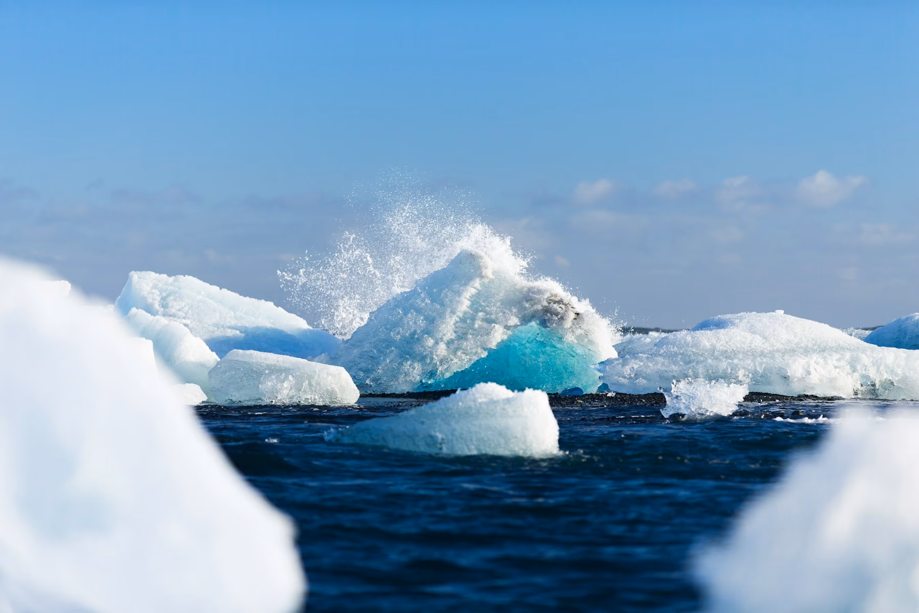 Glacier icebergs on dark water in Iceland
