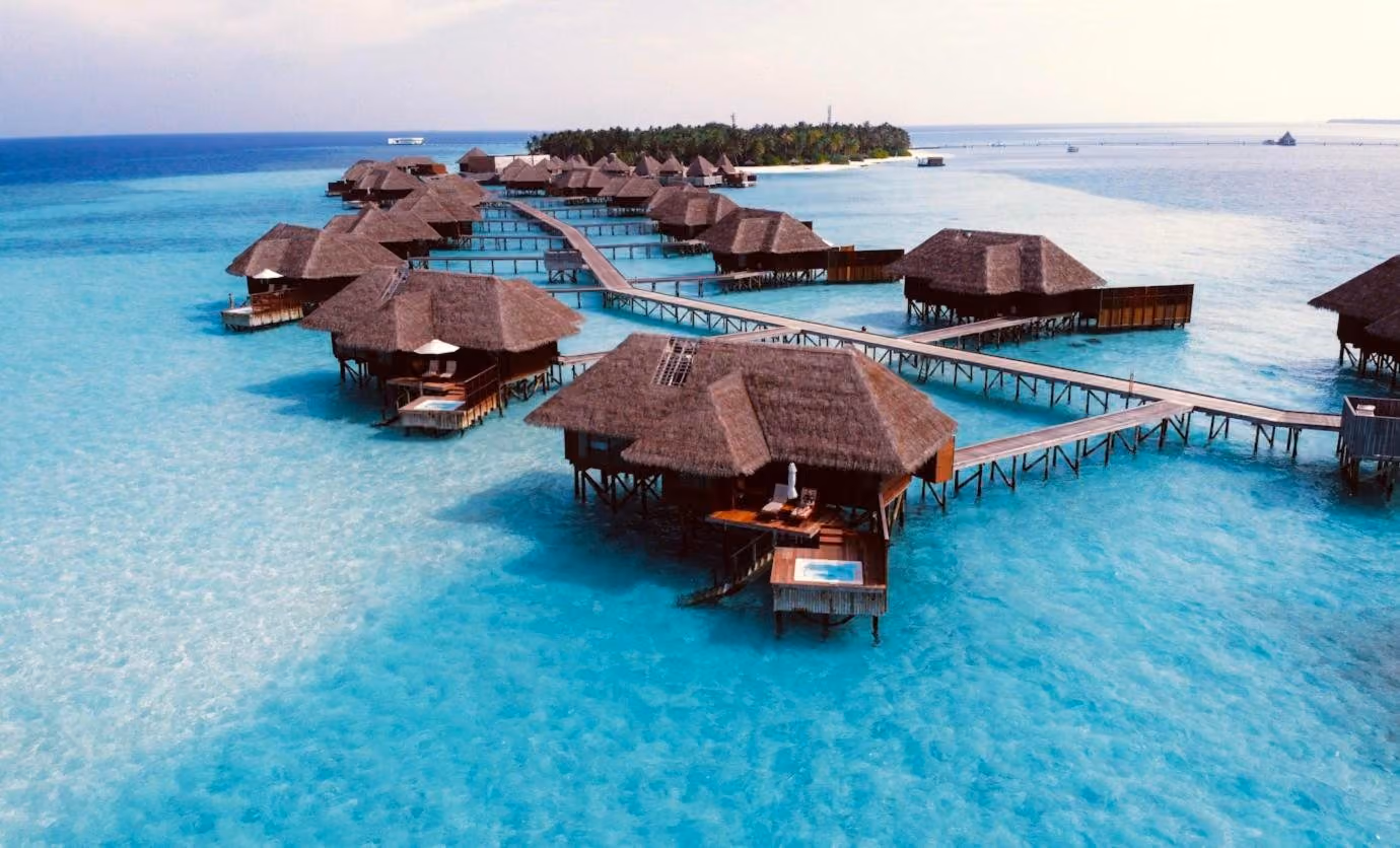 Overwater villas on a Maldives lagoon