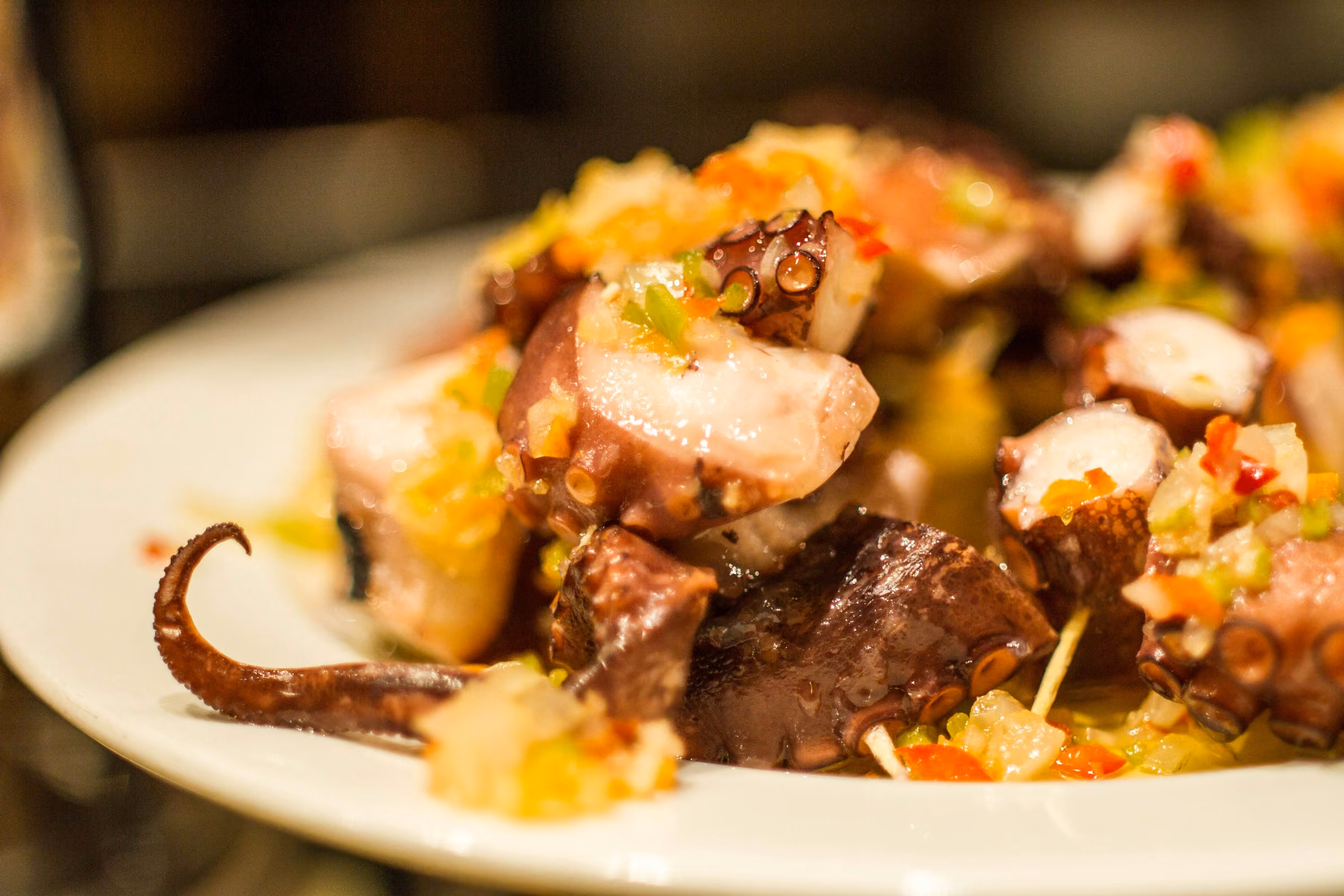 A plate of grilled octopus pintxo in San Sebastián