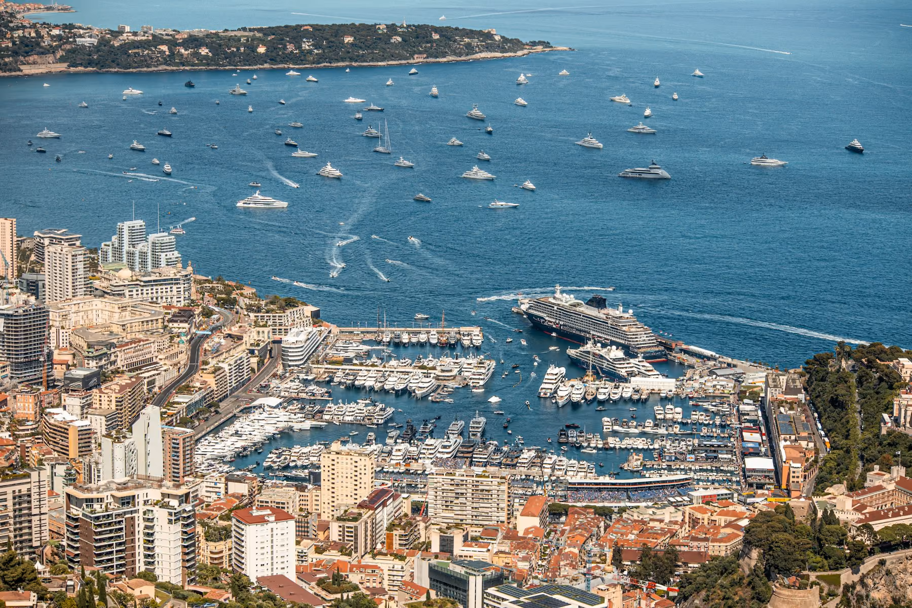Monte Carlo harbour from above, packed with yachts, a new stop on the 2027 route