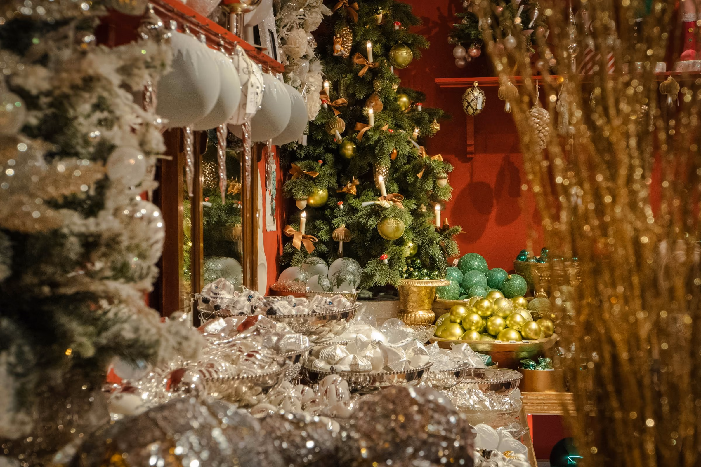 Glass baubles and decorations on a market stall