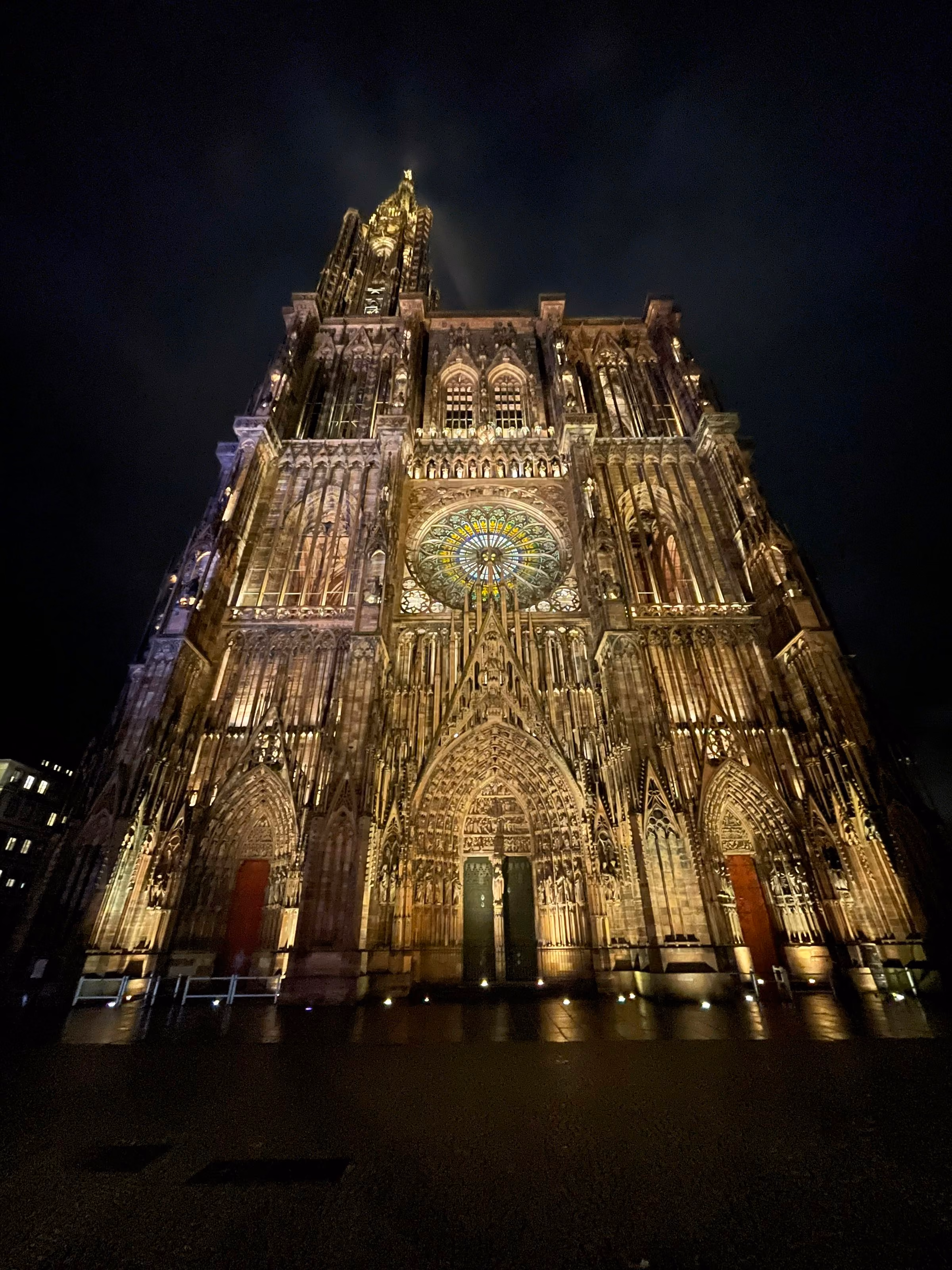 Strasbourg Cathedral floodlit at night