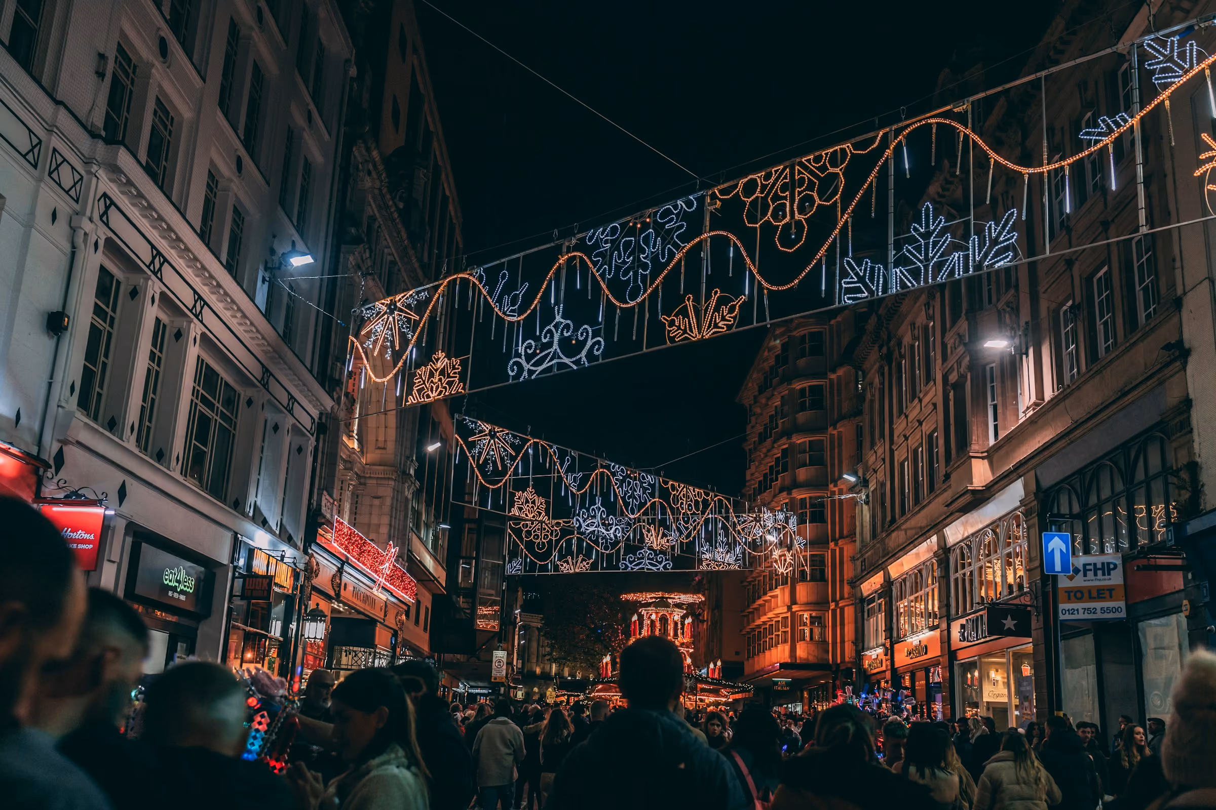 Christmas lights over a Birmingham street