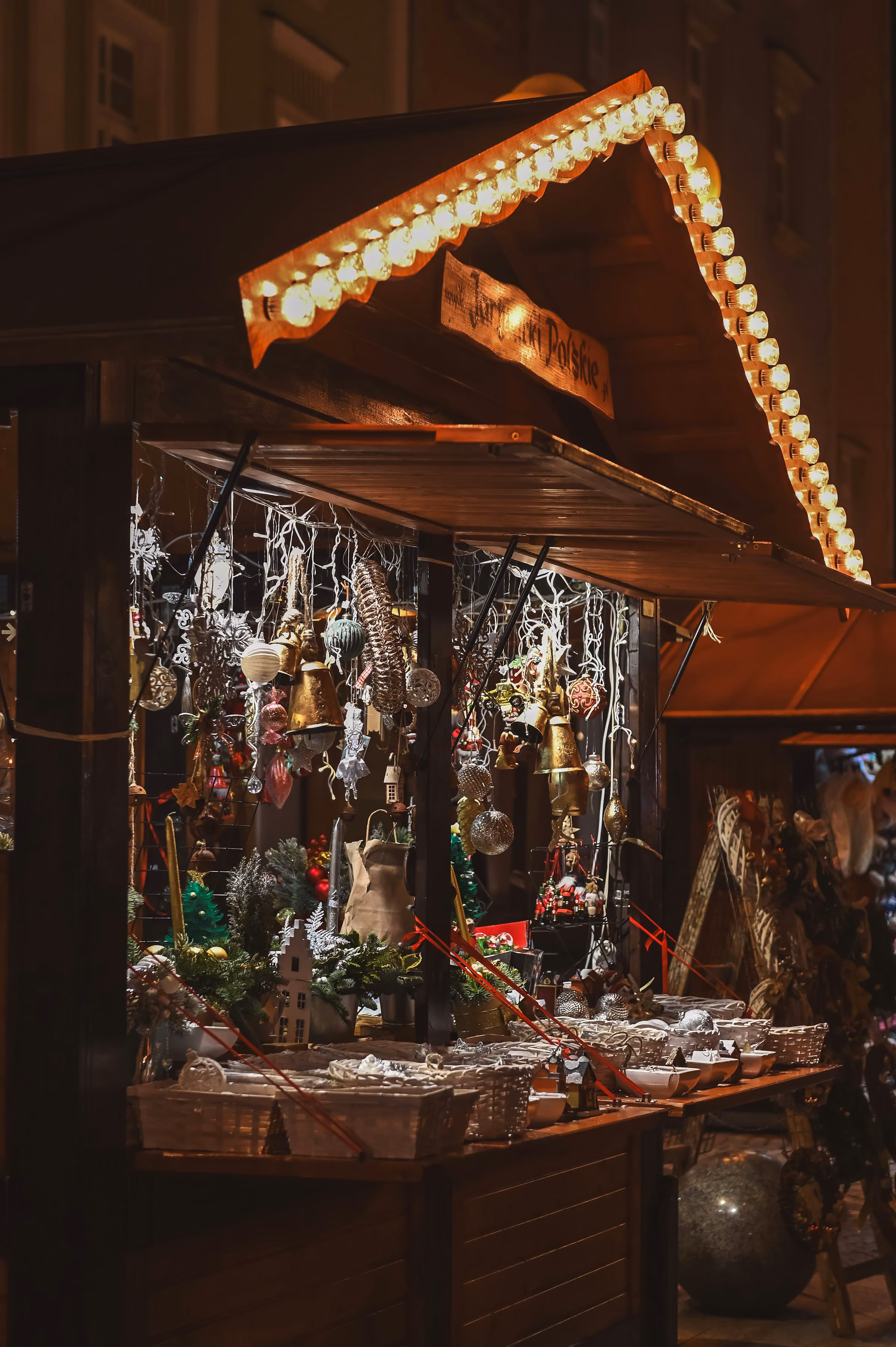 Ornaments hanging in a Christmas market stall